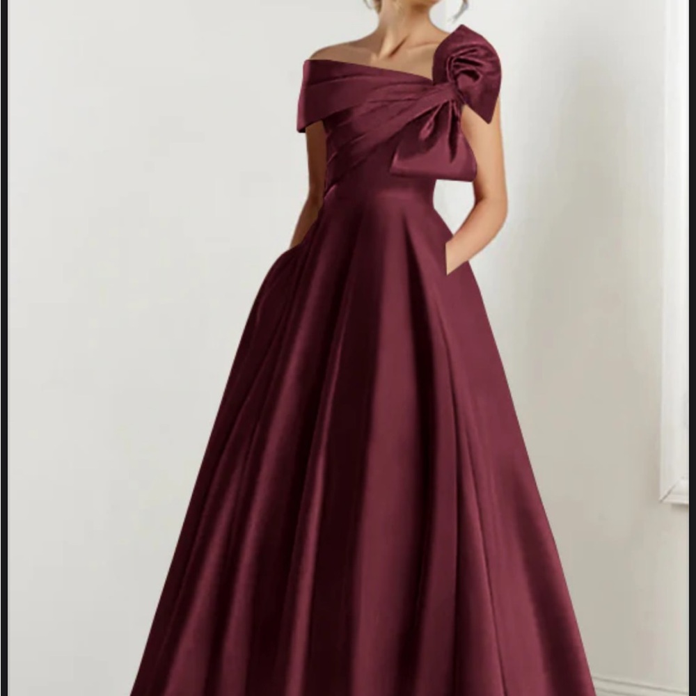 Elegant Burgundy over the shoulder Gown with Bow